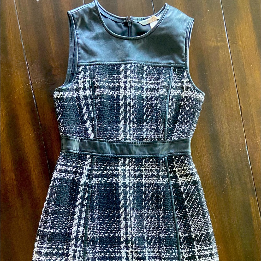 Boston Proper Mixed Media Leather/Wool Plaid Sheath Dress